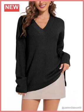 V-Neck Oversized Knit Sweater Pullover Loose Off Shoulder Jumper Top
